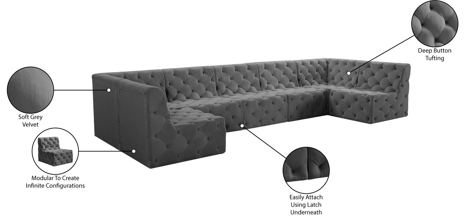 Meridian Furniture - Tuft 157" Grey Velvet Upholstered 7pc. Sectional - 680Grey-Sec7A - GreatFurnitureDeal
