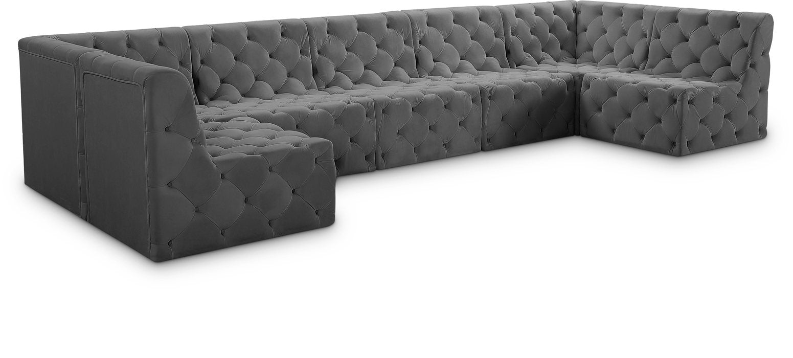 Meridian Furniture - Tuft 157" Grey Velvet Upholstered 7pc. Sectional - 680Grey-Sec7A - GreatFurnitureDeal