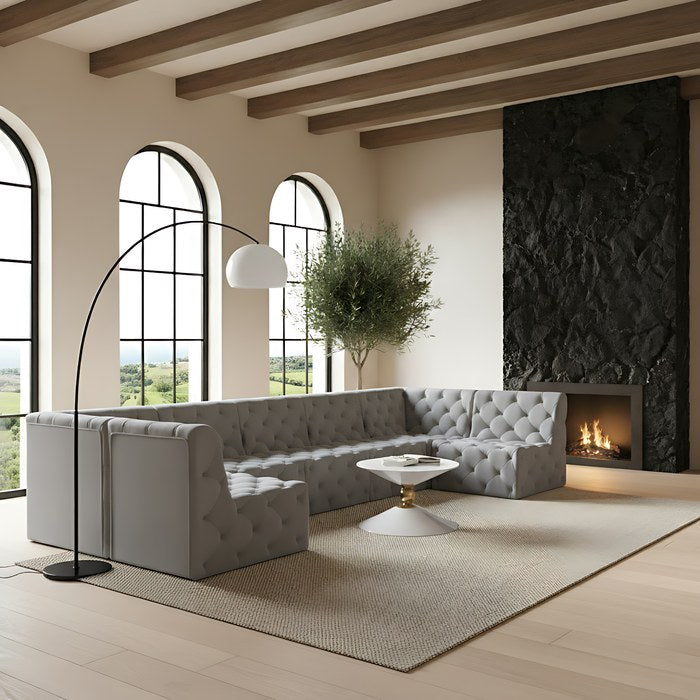 Meridian Furniture - Tuft 157" Grey Velvet Upholstered 7pc. Sectional - 680Grey-Sec7A - GreatFurnitureDeal