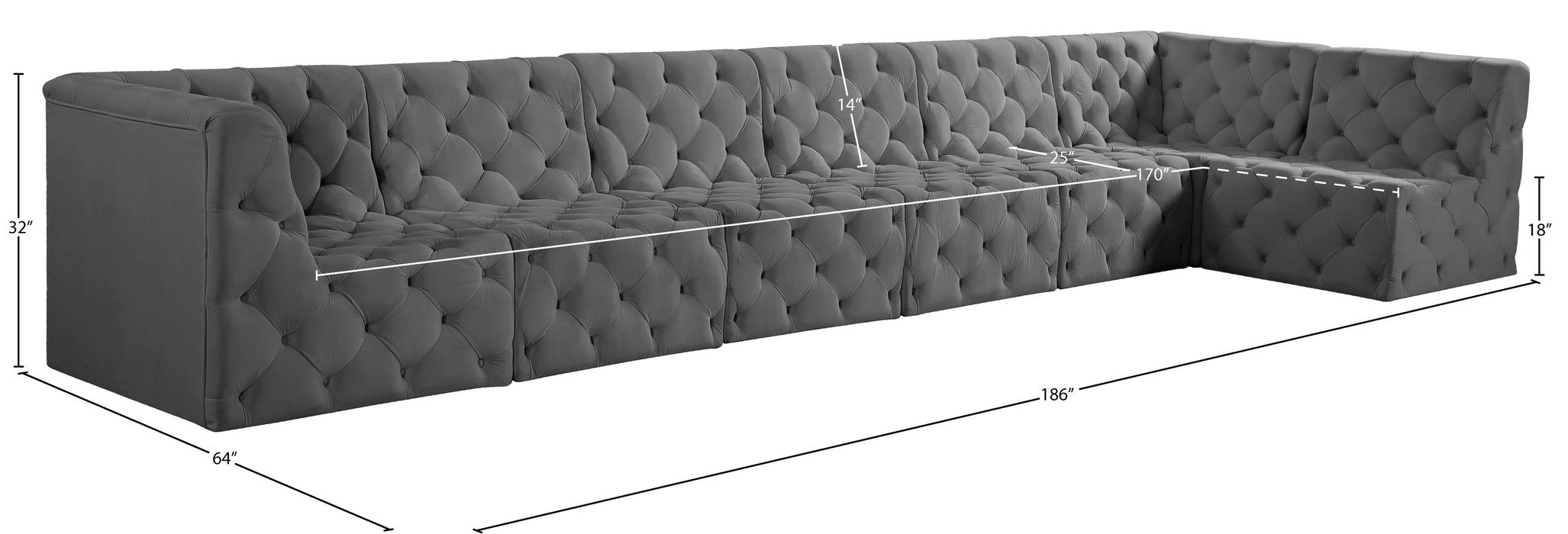 Meridian Furniture - Tuft 186" Grey Velvet Upholstered 7pc. Sectional - 680Grey-Sec7B - GreatFurnitureDeal