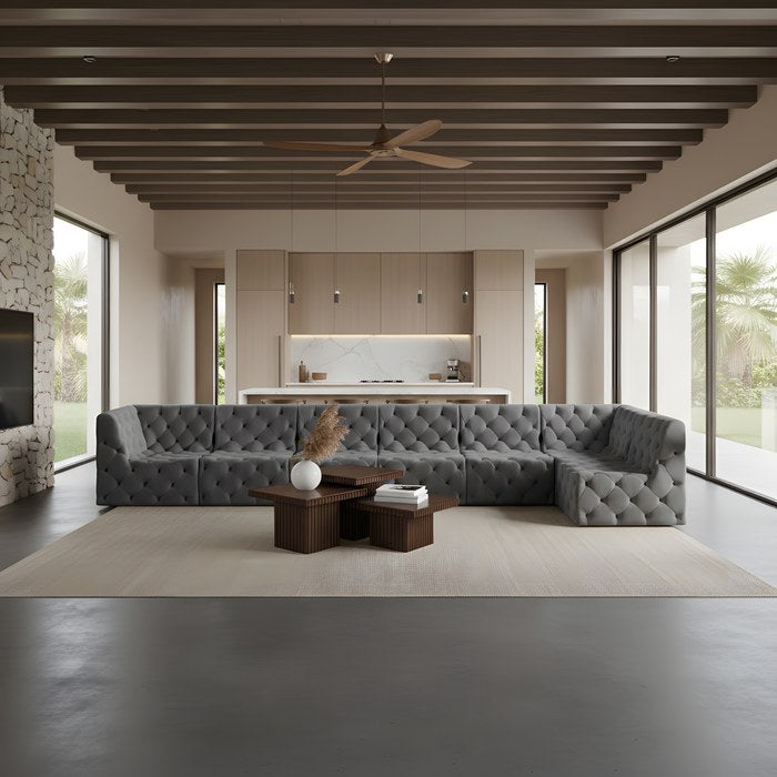 Meridian Furniture - Tuft 186" Grey Velvet Upholstered 7pc. Sectional - 680Grey-Sec7B - GreatFurnitureDeal