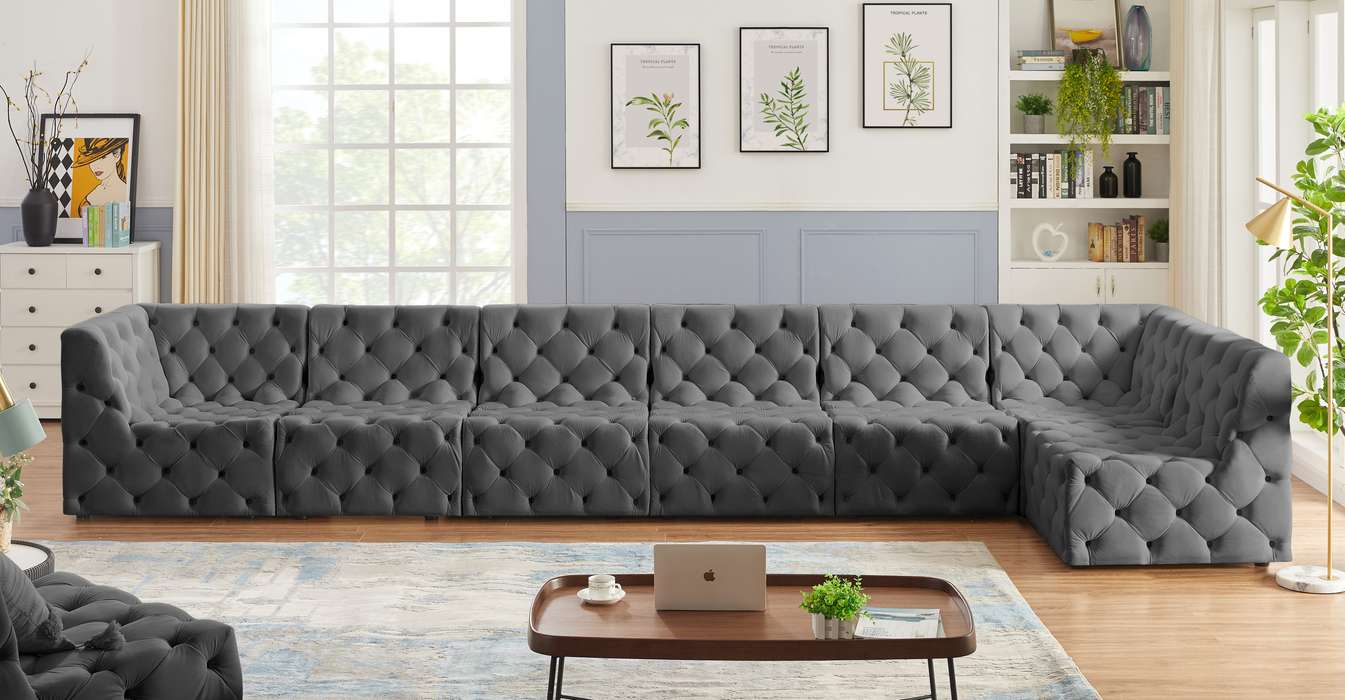 Meridian Furniture - Tuft 186" Grey Velvet Upholstered 7pc. Sectional - 680Grey-Sec7B - GreatFurnitureDeal