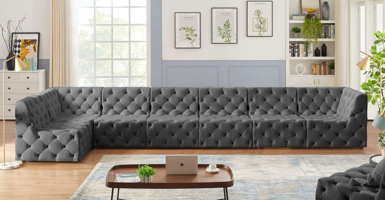 Meridian Furniture - Tuft 186" Grey Velvet Upholstered 7pc. Sectional - 680Grey-Sec7B - GreatFurnitureDeal