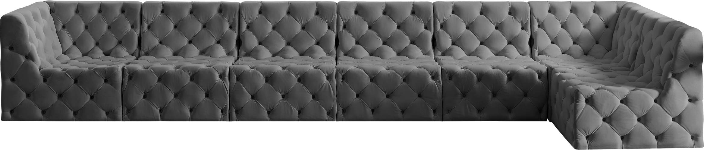 Meridian Furniture - Tuft 186" Grey Velvet Upholstered 7pc. Sectional - 680Grey-Sec7B - GreatFurnitureDeal