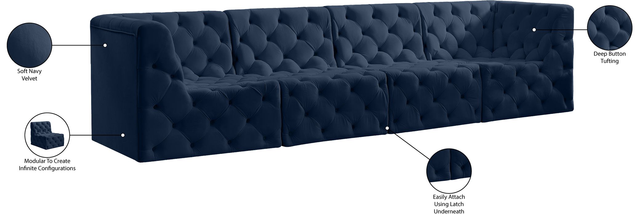 Meridian Furniture - Tuft 128" Navy Velvet Upholstered 4pc. Sofa - 680Navy-S128 - GreatFurnitureDeal