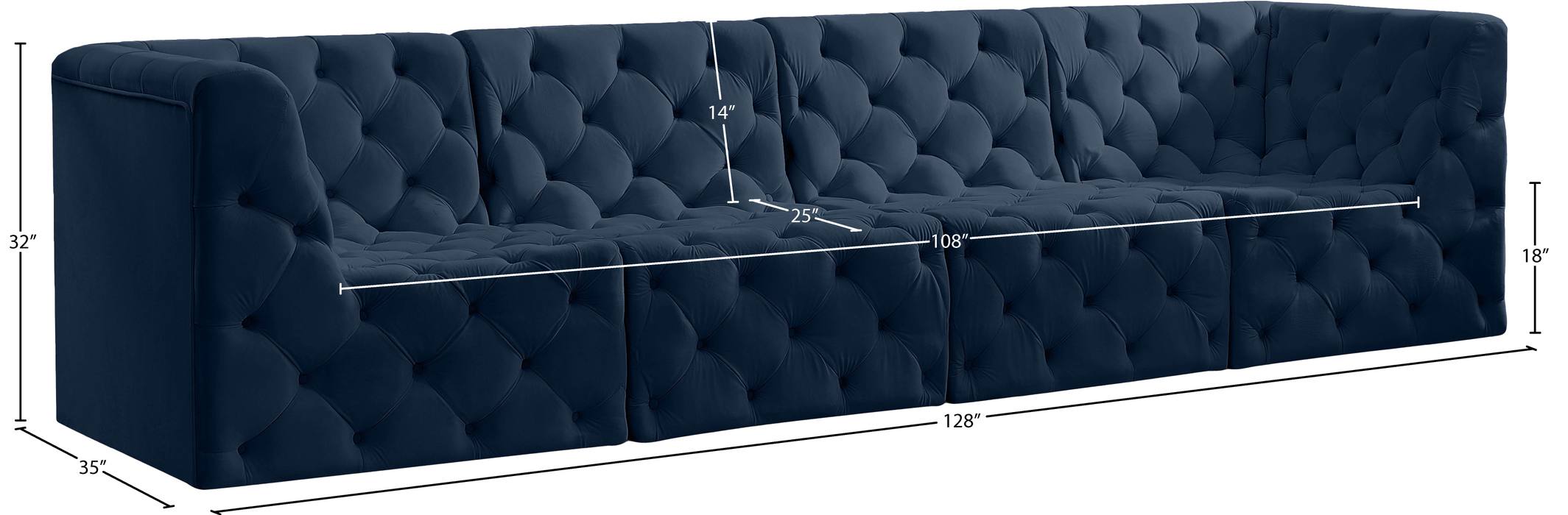 Meridian Furniture - Tuft 128" Navy Velvet Upholstered 4pc. Sofa - 680Navy-S128 - GreatFurnitureDeal