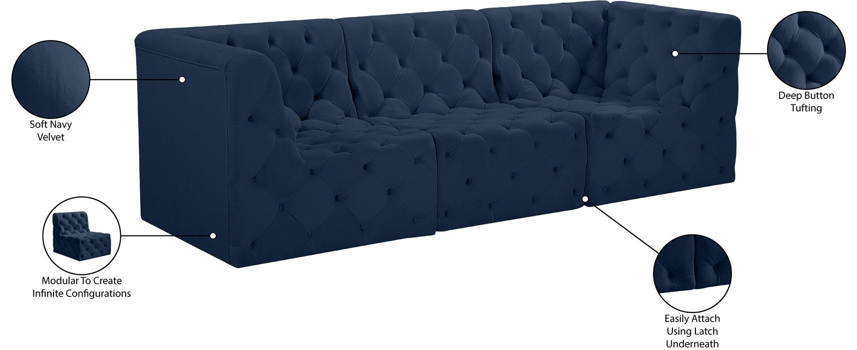 Meridian Furniture - Tuft 99" Navy Velvet Upholstered 3pc. Sofa - 680Navy-S99 - GreatFurnitureDeal
