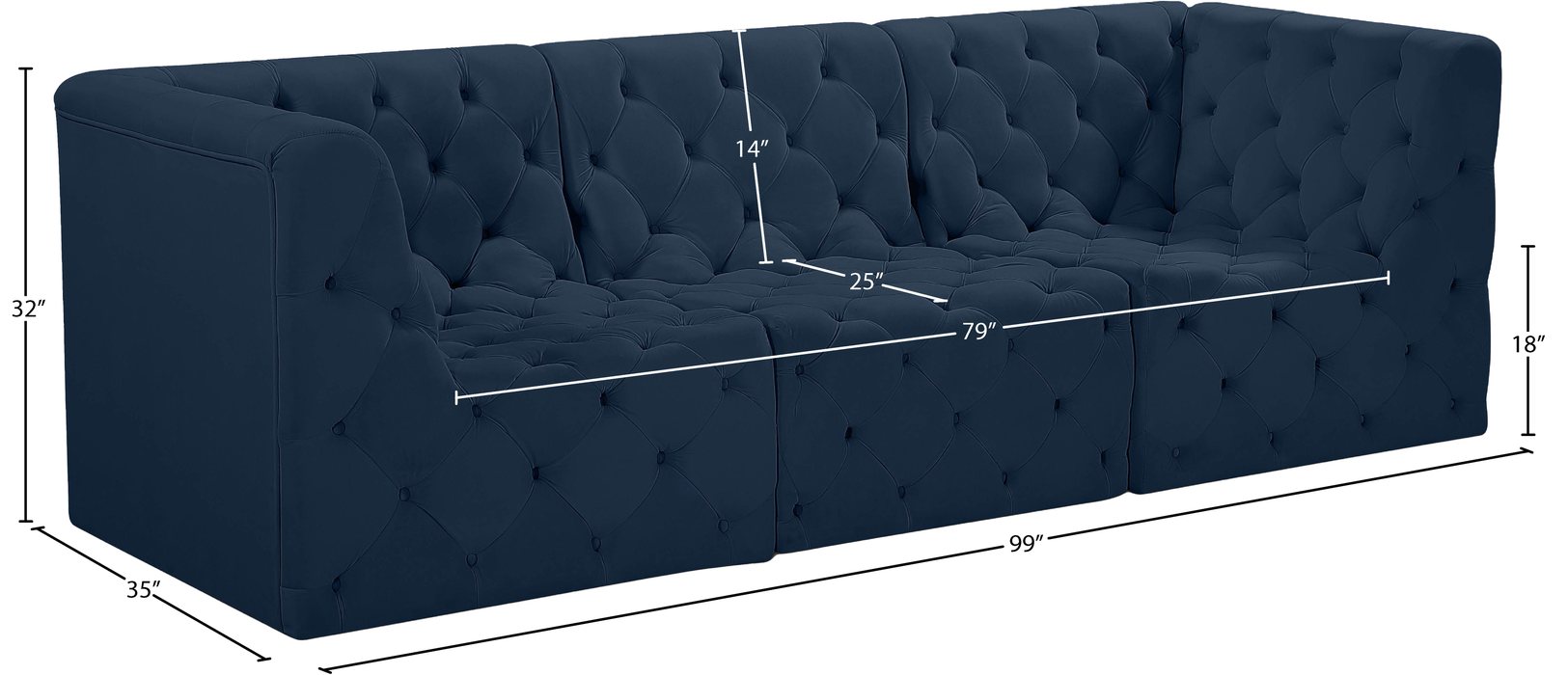 Meridian Furniture - Tuft 99" Navy Velvet Upholstered 3pc. Sofa - 680Navy-S99 - GreatFurnitureDeal