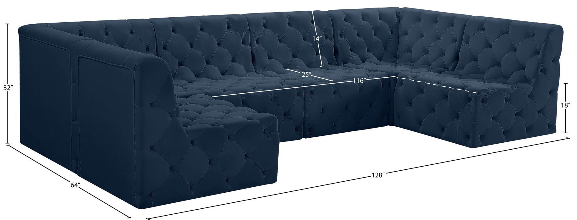 Meridian Furniture - Tuft 128" Navy Velvet Upholstered 6pc. Sectional - 680Navy-Sec6B - GreatFurnitureDeal