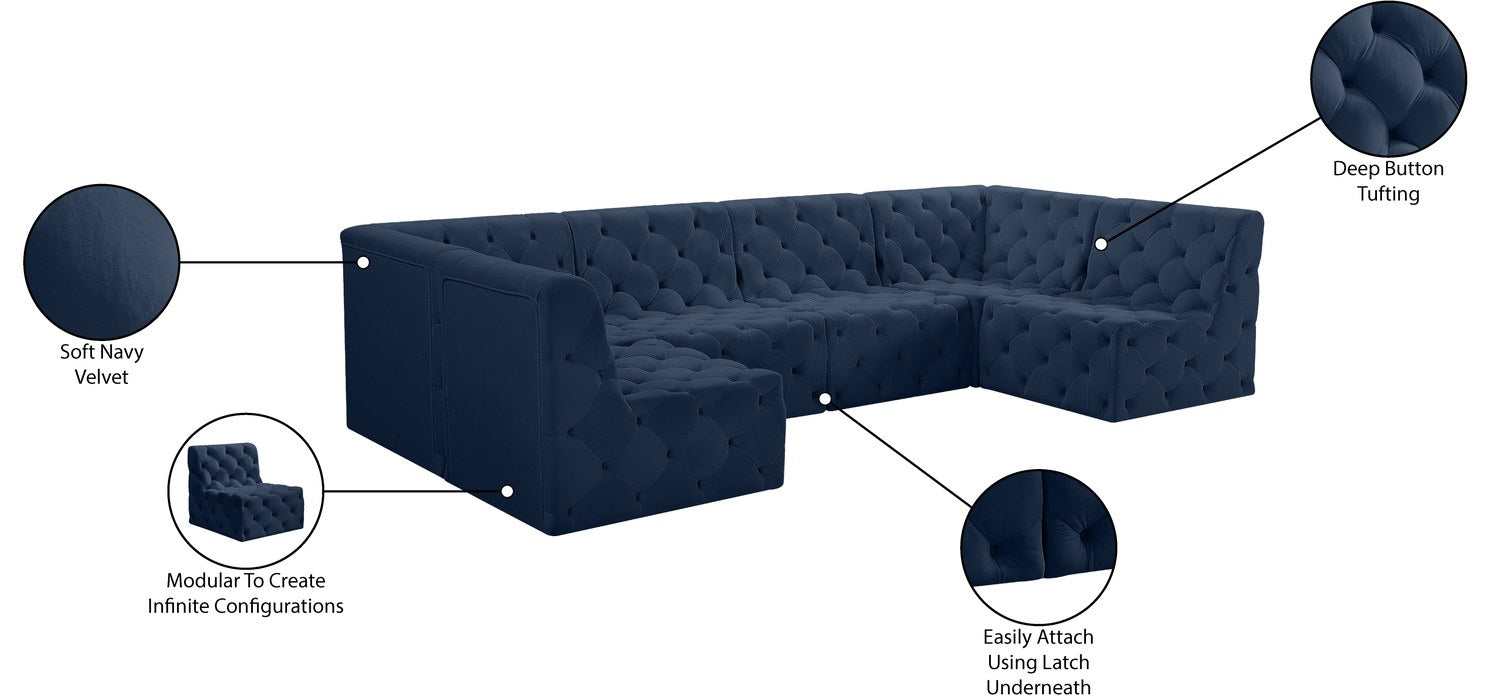 Meridian Furniture - Tuft 128" Navy Velvet Upholstered 6pc. Sectional - 680Navy-Sec6B - GreatFurnitureDeal