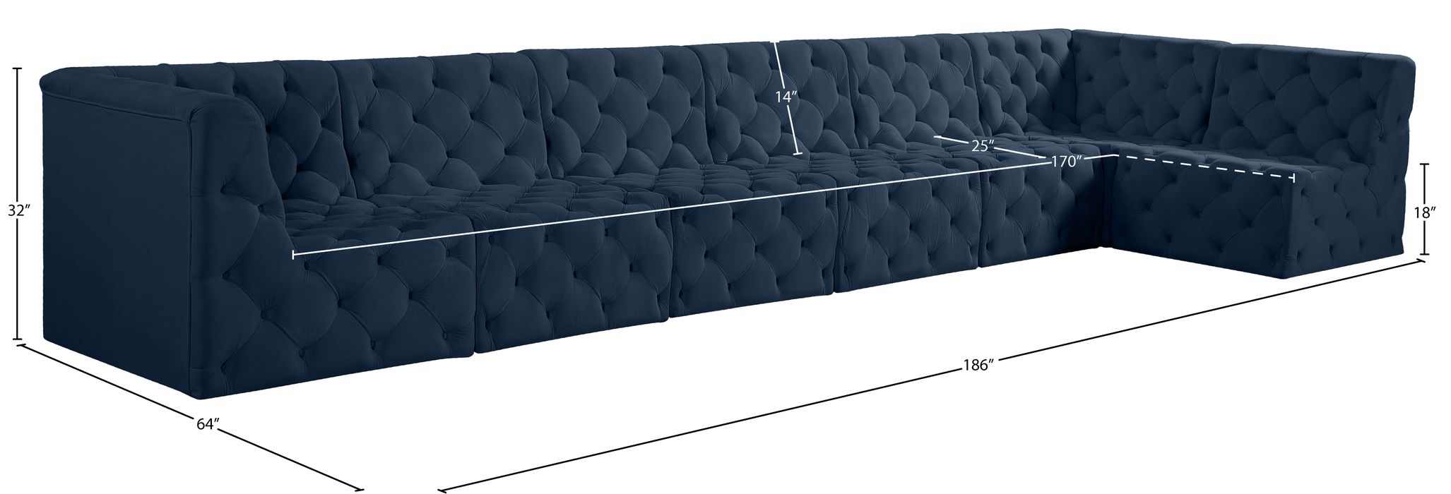 Meridian Furniture - Tuft 186" Navy Velvet Upholstered 7pc. Sectional - 680Navy-Sec7B - GreatFurnitureDeal