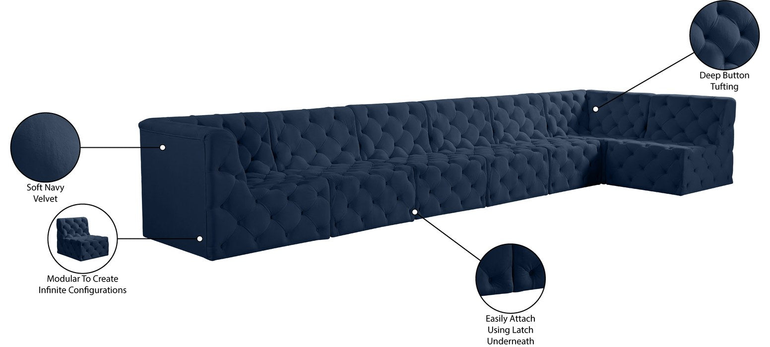 Meridian Furniture - Tuft 186" Navy Velvet Upholstered 7pc. Sectional - 680Navy-Sec7B - GreatFurnitureDeal