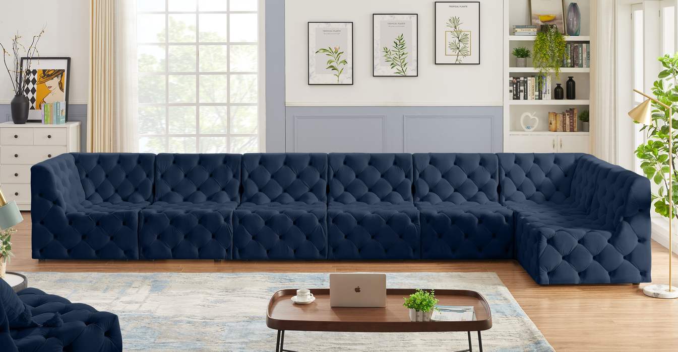 Meridian Furniture - Tuft 186" Navy Velvet Upholstered 7pc. Sectional - 680Navy-Sec7B - GreatFurnitureDeal