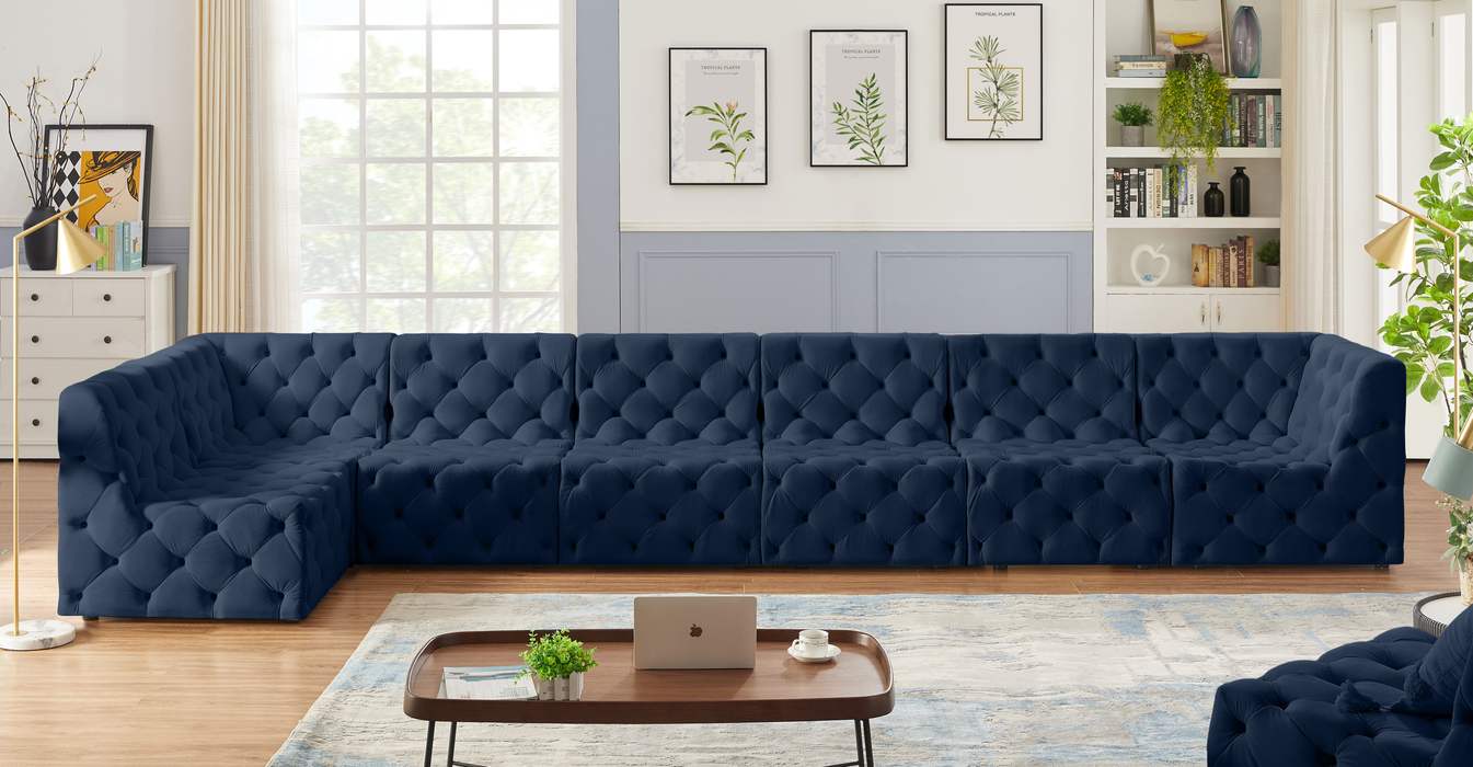 Meridian Furniture - Tuft 186" Navy Velvet Upholstered 7pc. Sectional - 680Navy-Sec7B - GreatFurnitureDeal