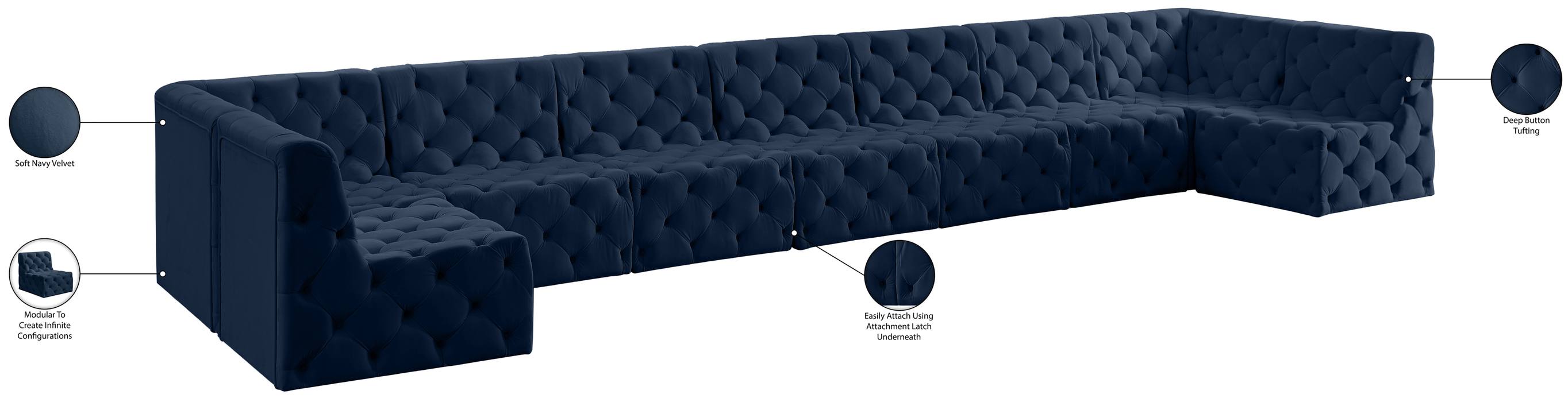 Meridian Furniture - Tuft 215" Navy Velvet Upholstered 9pc. Sectional - 680Navy-Sec9A - GreatFurnitureDeal