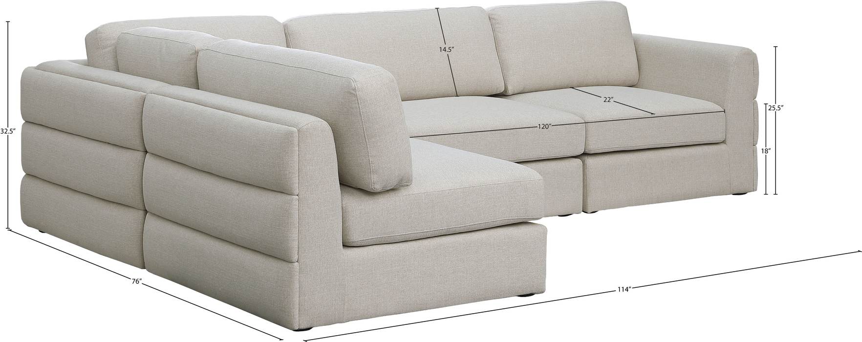 Meridian Furniture - Beckham 114" Beige Linen Textured Fabric Upholstered 4pc. Sectional - 681Beige-Sec4B - GreatFurnitureDeal
