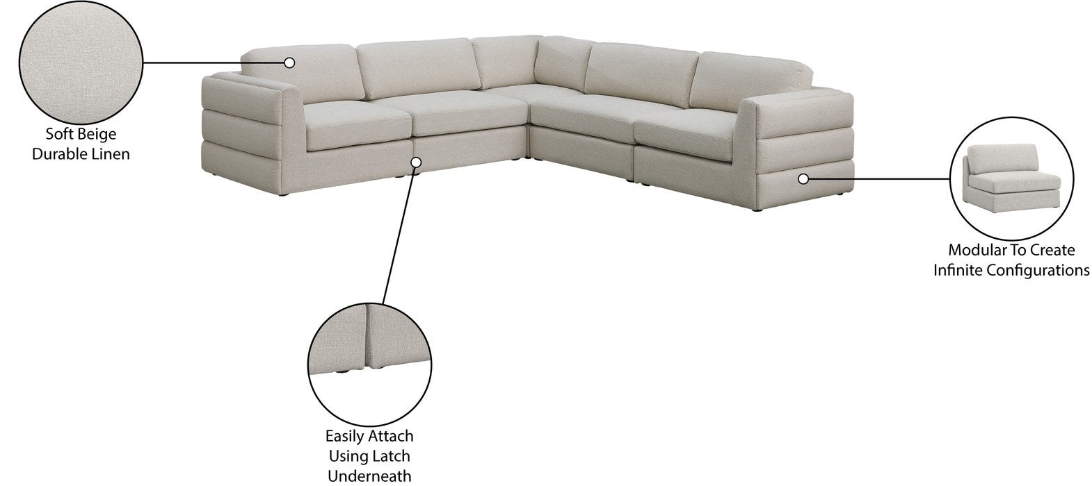 Meridian Furniture - Beckham 114" Beige Linen Textured Fabric Upholstered 5pc. Sectional - 681Beige-Sec5D - GreatFurnitureDeal
