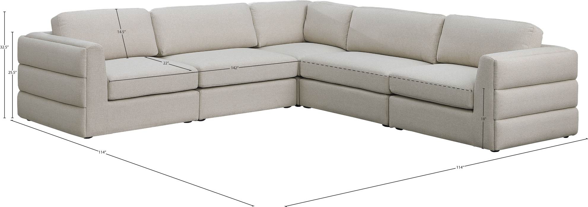Meridian Furniture - Beckham 114" Beige Linen Textured Fabric Upholstered 5pc. Sectional - 681Beige-Sec5D - GreatFurnitureDeal