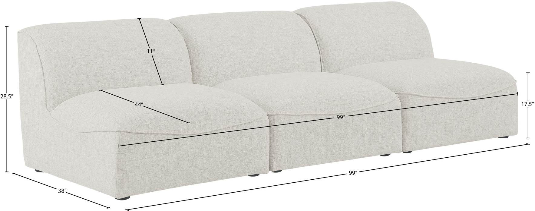 Meridian Furniture - Miramar 99" Cream Linen Textured Fabric Upholstered 3pc. Armless Sofa - 683Cream-S99 - GreatFurnitureDeal