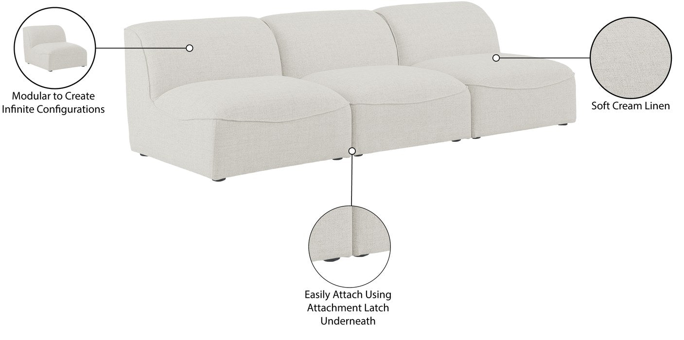 Meridian Furniture - Miramar 99" Cream Linen Textured Fabric Upholstered 3pc. Armless Sofa - 683Cream-S99 - GreatFurnitureDeal