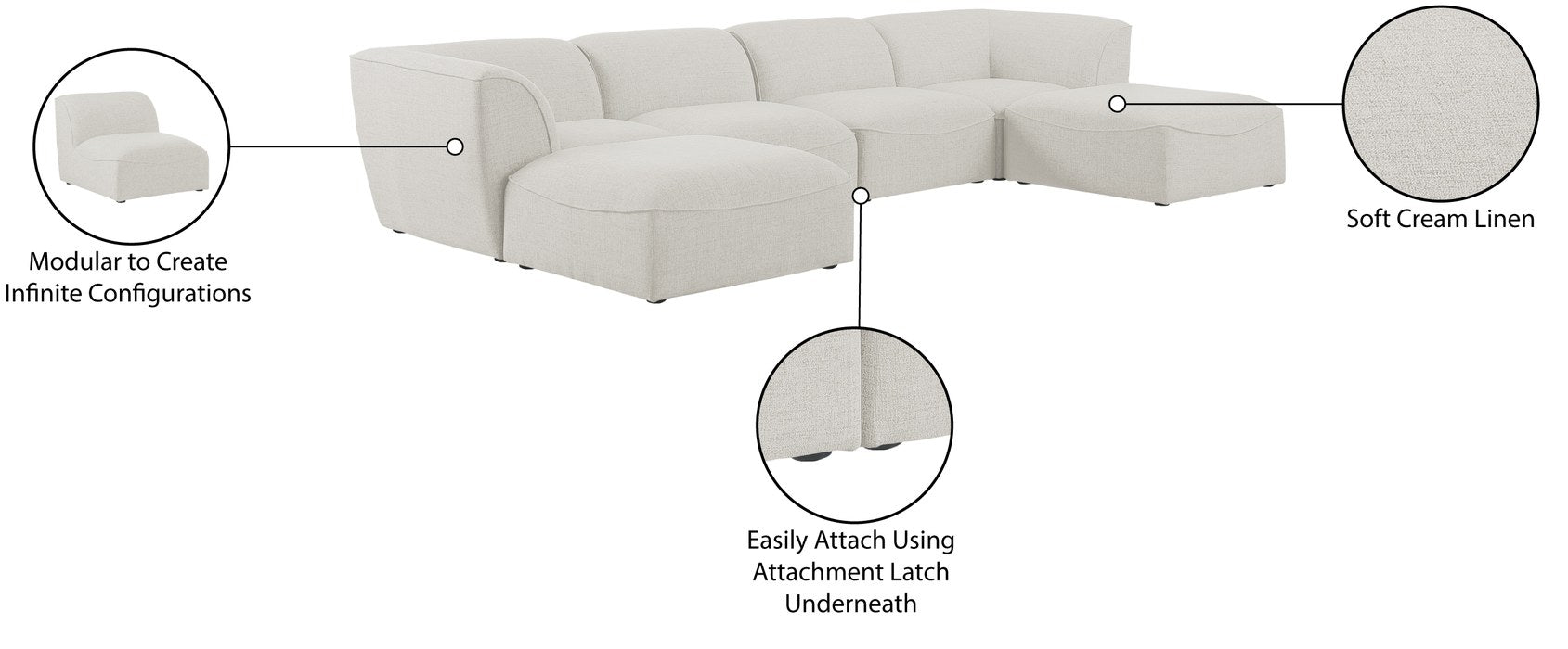 Meridian Furniture - Miramar 142" Cream Linen Textured Fabric Upholstered 6pc. Sectional - 683Cream-Sec6A - GreatFurnitureDeal