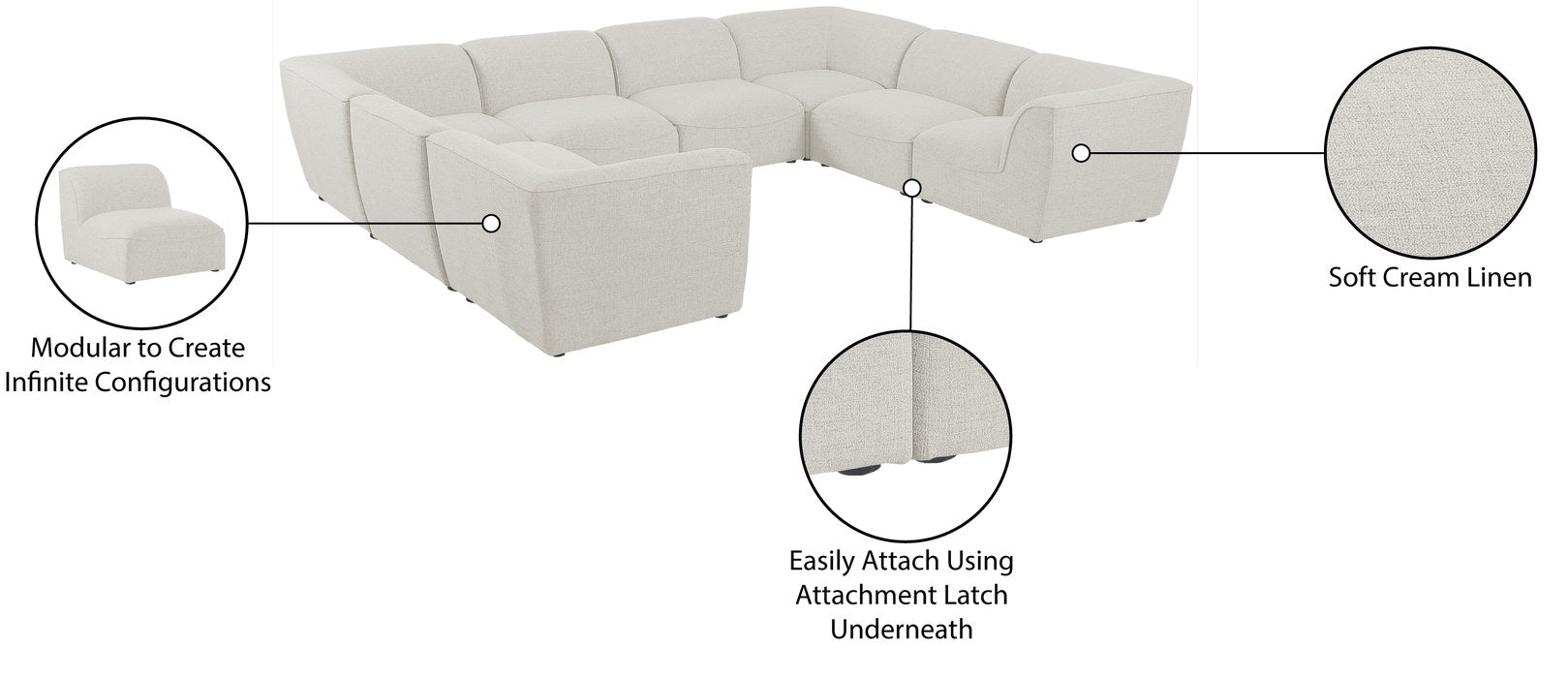 Meridian Furniture - Miramar 142" Cream Linen Textured Fabric Upholstered 8pc. Sectional - 683Cream-Sec8A - GreatFurnitureDeal