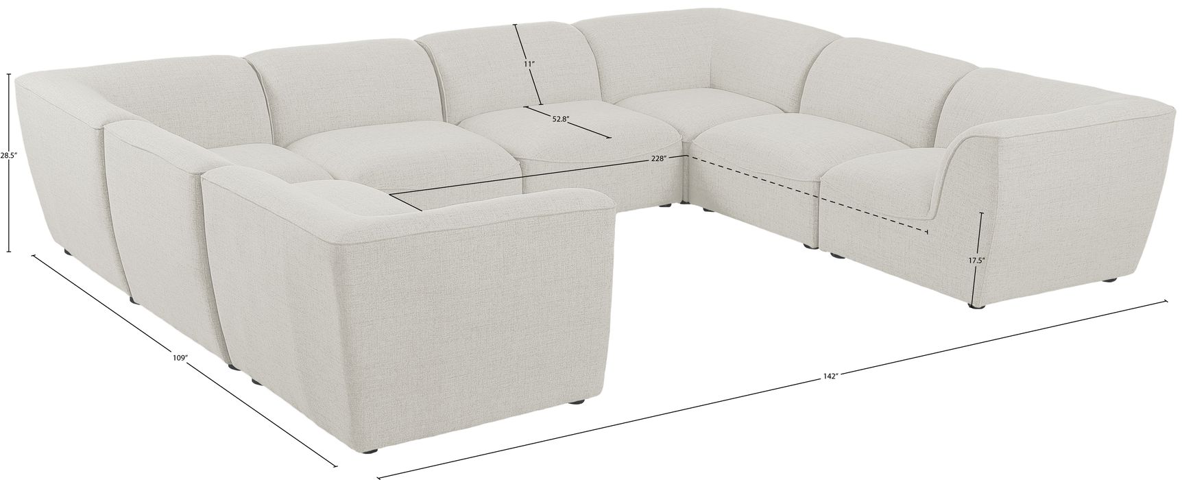 Meridian Furniture - Miramar 142" Cream Linen Textured Fabric Upholstered 8pc. Sectional - 683Cream-Sec8A - GreatFurnitureDeal