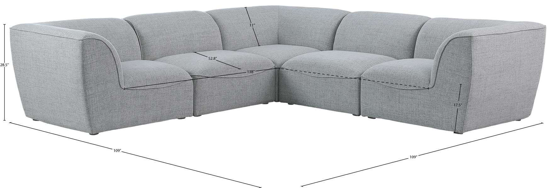 Meridian Furniture - Miramar 109" Grey Linen Textured Fabric Upholstered 5pc. Sectional - 683Grey-Sec5C - GreatFurnitureDeal