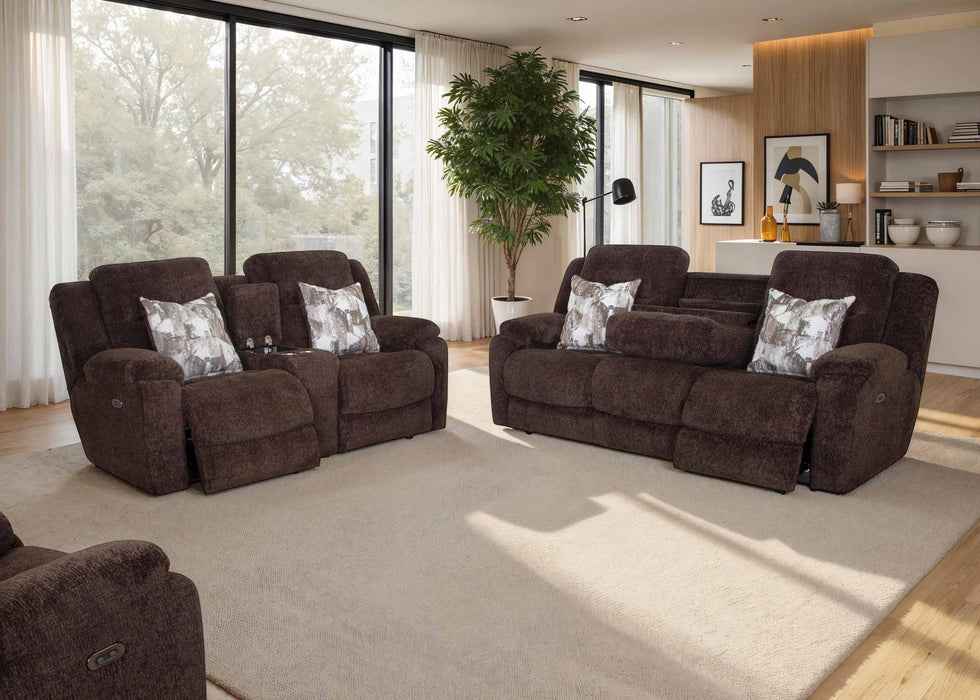 Franklin Furniture - 683 Heston Power Reclining Sofa w/ Power Headrest, Drop Down Table, Cupholders & USB in Frenzy Chocolate - 68347-CHO