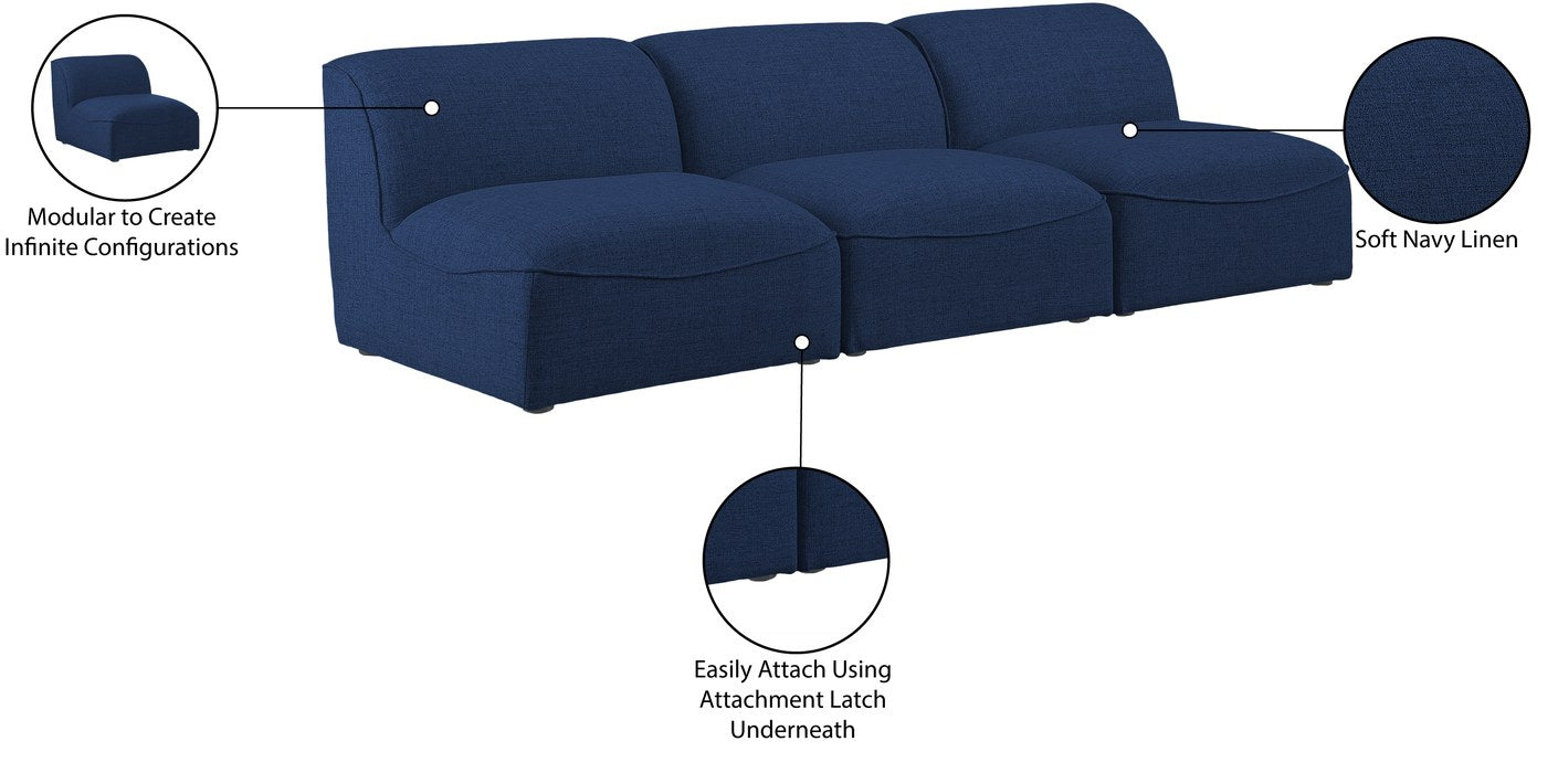 Meridian Furniture - Miramar 99" Navy Linen Textured Fabric Upholstered 3pc. Armless Sofa - 683Navy-S99 - GreatFurnitureDeal