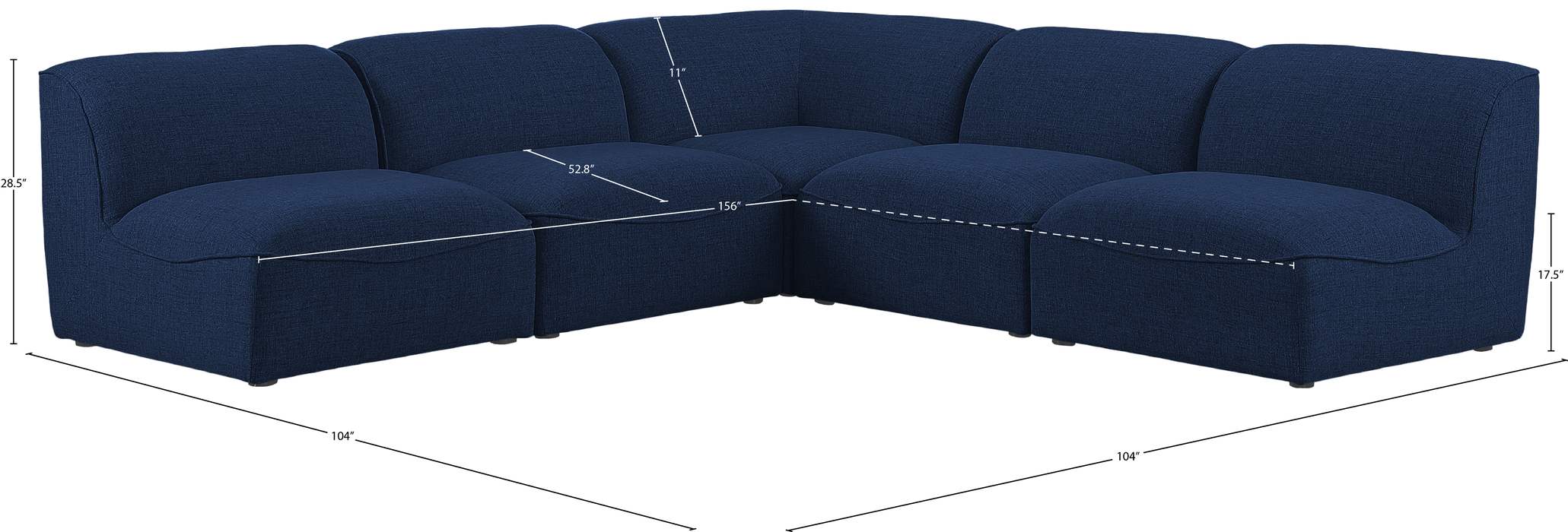 Meridian Furniture - Miramar 104" Navy Linen Textured Fabric Upholstered 5pc. Sectional - 683Navy-Sec5B - GreatFurnitureDeal