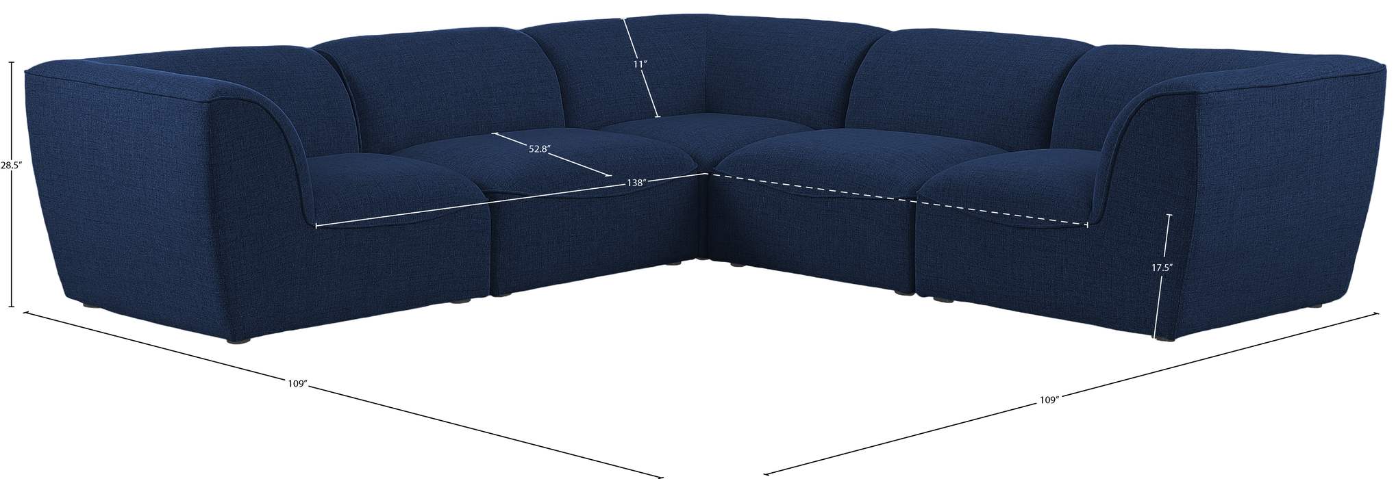 Meridian Furniture - Miramar 109" Navy Linen Textured Fabric Upholstered 5pc. Sectional - 683Navy-Sec5C - GreatFurnitureDeal