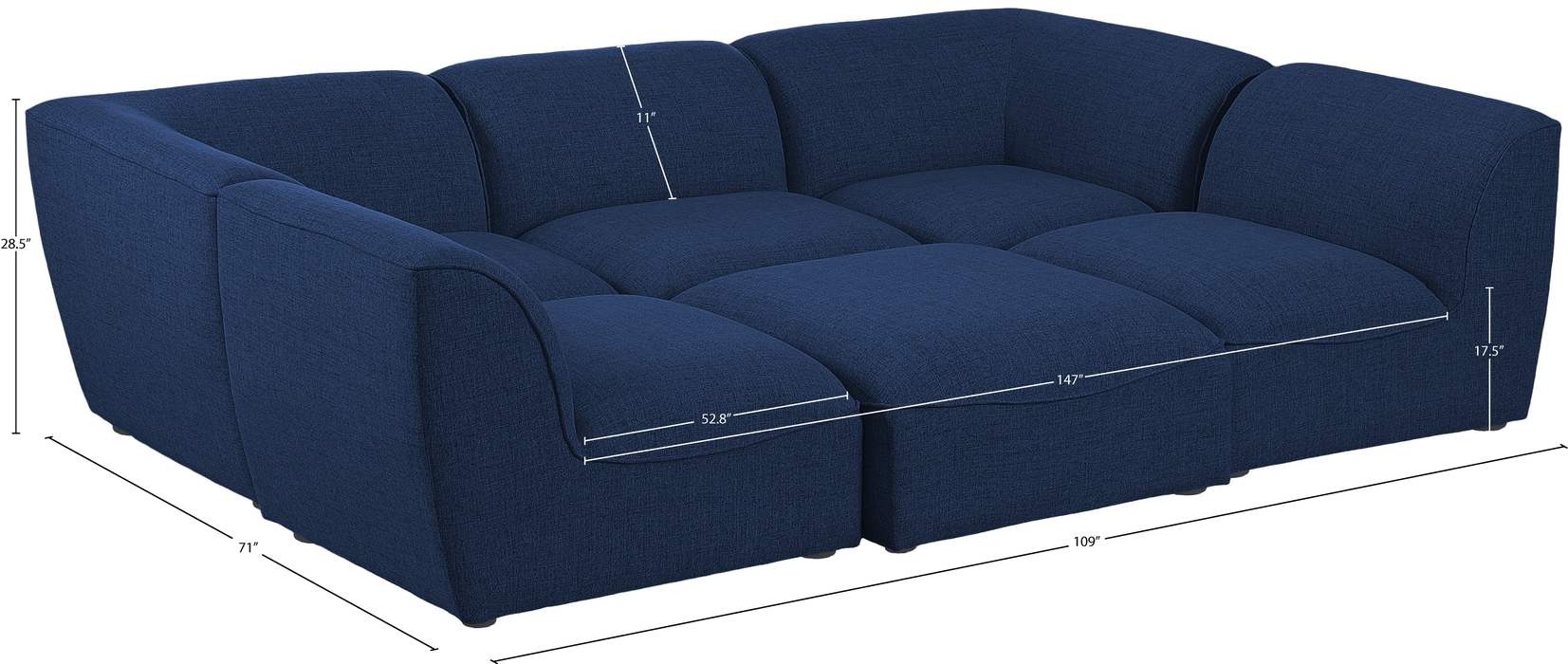 Meridian Furniture - Miramar 109" Navy Linen Textured Fabric Upholstered 6pc. Sectional - 683Navy-Sec6C - GreatFurnitureDeal