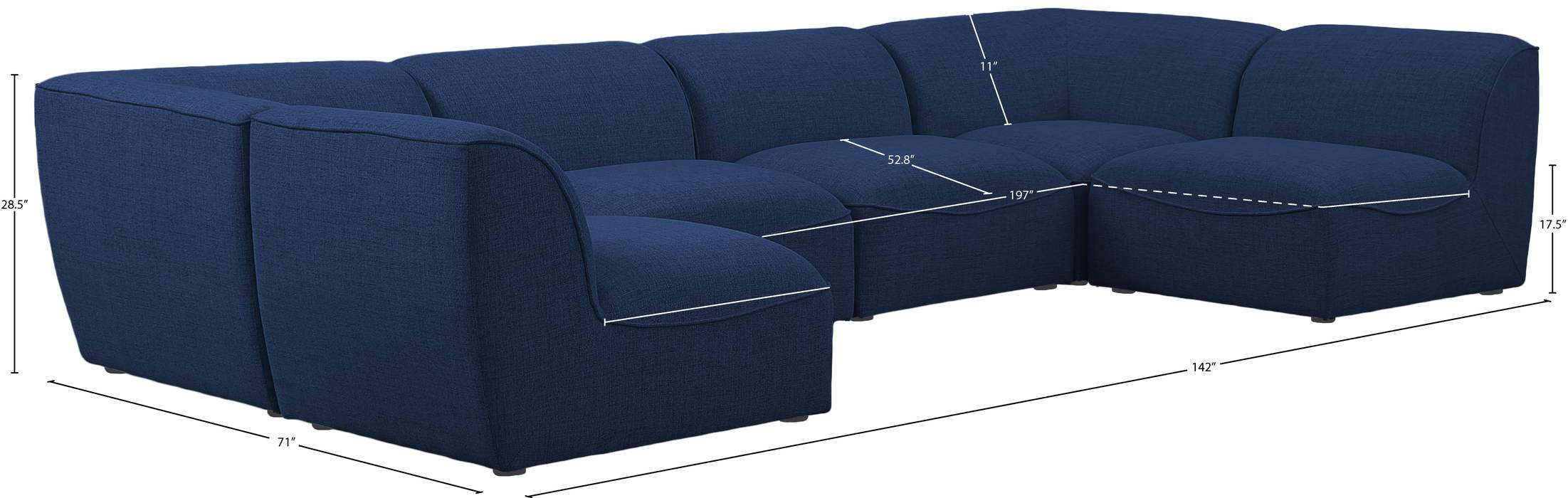 Meridian Furniture - Miramar 142" Navy Linen Textured Fabric Upholstered 6pc. Sectional - 683Navy-Sec6D - GreatFurnitureDeal