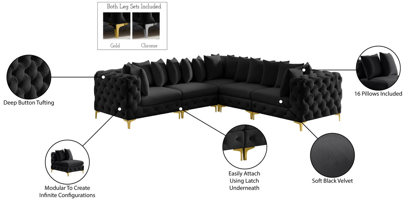 Meridian Furniture - Tremblay 109" Black Velvet Upholstered 5pc. Sectional - 686Black-Sec5C - GreatFurnitureDeal