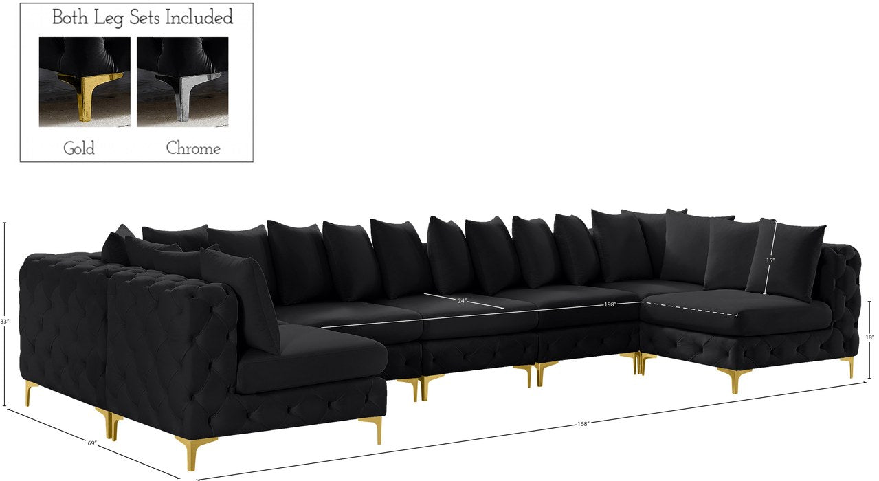 Meridian Furniture - Tremblay 169" Black Velvet Upholstered 7pc. Sectional - 686Black-Sec7A - GreatFurnitureDeal