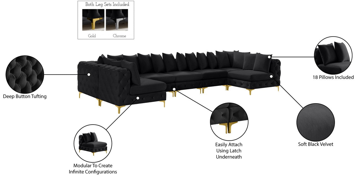 Meridian Furniture - Tremblay 169" Black Velvet Upholstered 7pc. Sectional - 686Black-Sec7A - GreatFurnitureDeal
