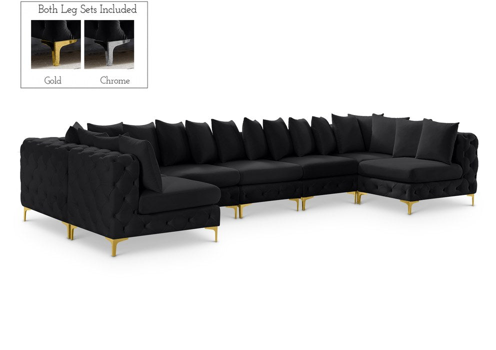 Meridian Furniture - Tremblay 169" Black Velvet Upholstered 7pc. Sectional - 686Black-Sec7A - GreatFurnitureDeal