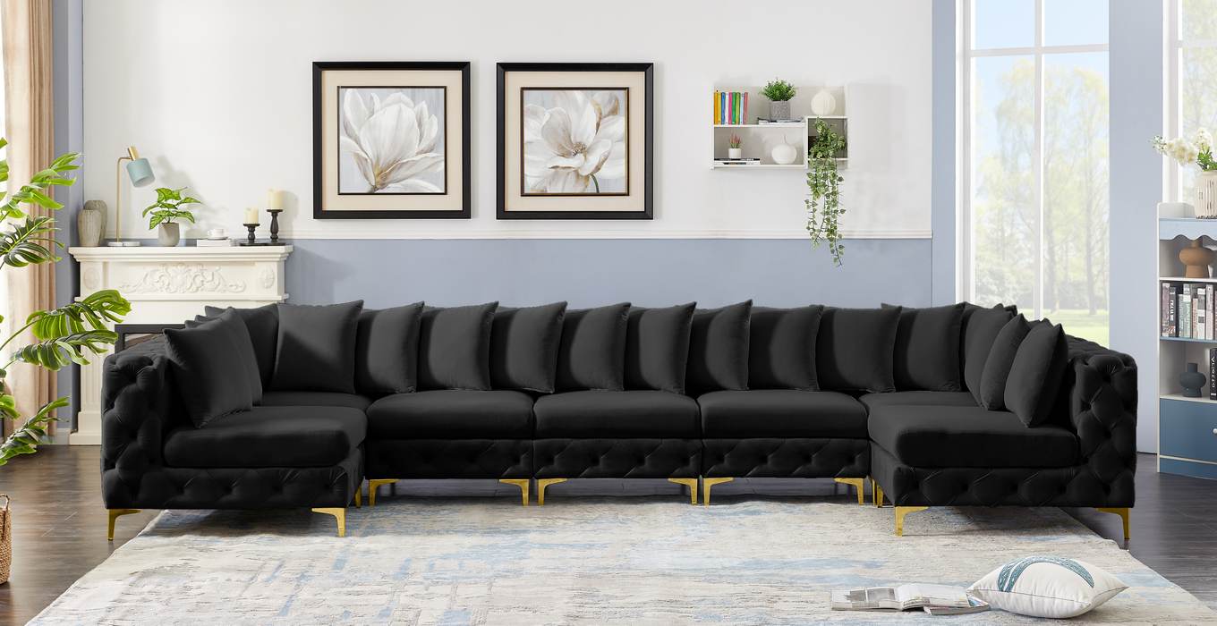 Meridian Furniture - Tremblay 169" Black Velvet Upholstered 7pc. Sectional - 686Black-Sec7A - GreatFurnitureDeal