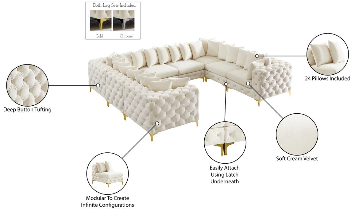 Meridian Furniture - Tremblay 139" Cream Velvet Upholstered 8pc. Sectional - 686Cream-Sec8A - GreatFurnitureDeal