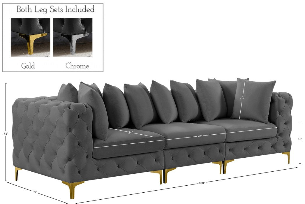 Meridian Furniture - Tremblay 109" Grey Velvet Upholstered 3pc. Sofa - 686Grey-S108 - GreatFurnitureDeal