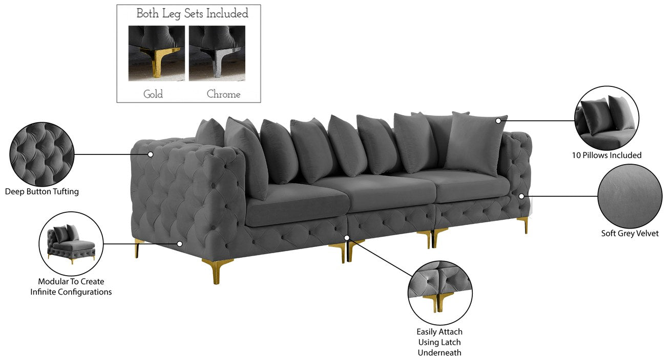 Meridian Furniture - Tremblay 109" Grey Velvet Upholstered 3pc. Sofa - 686Grey-S108 - GreatFurnitureDeal