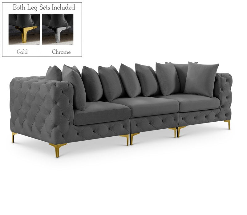 Meridian Furniture - Tremblay 109" Grey Velvet Upholstered 3pc. Sofa - 686Grey-S108 - GreatFurnitureDeal