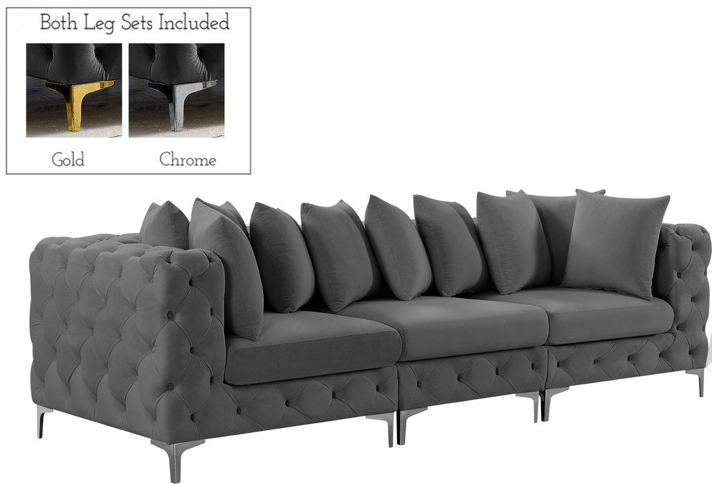Meridian Furniture - Tremblay 109" Grey Velvet Upholstered 3pc. Sofa - 686Grey-S108 - GreatFurnitureDeal