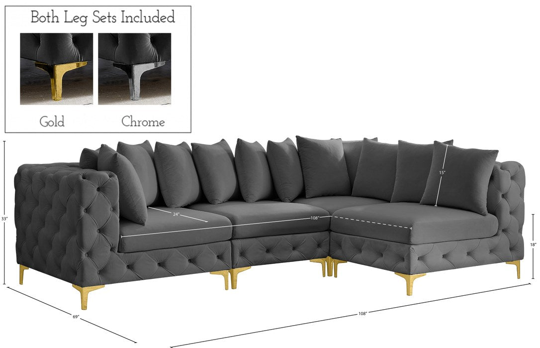 Meridian Furniture - Tremblay 109" Grey Velvet Upholstered 4pc. Sectional - 686Grey-Sec4A - GreatFurnitureDeal
