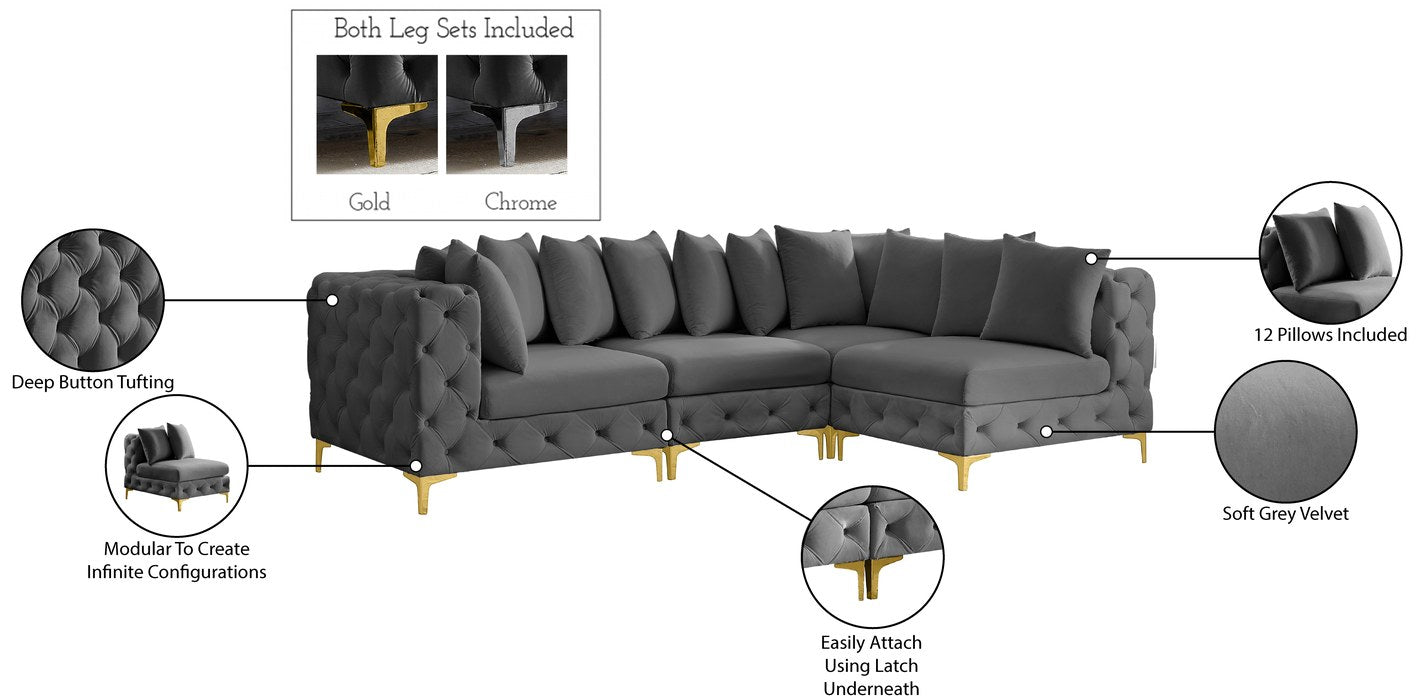 Meridian Furniture - Tremblay 109" Grey Velvet Upholstered 4pc. Sectional - 686Grey-Sec4A - GreatFurnitureDeal