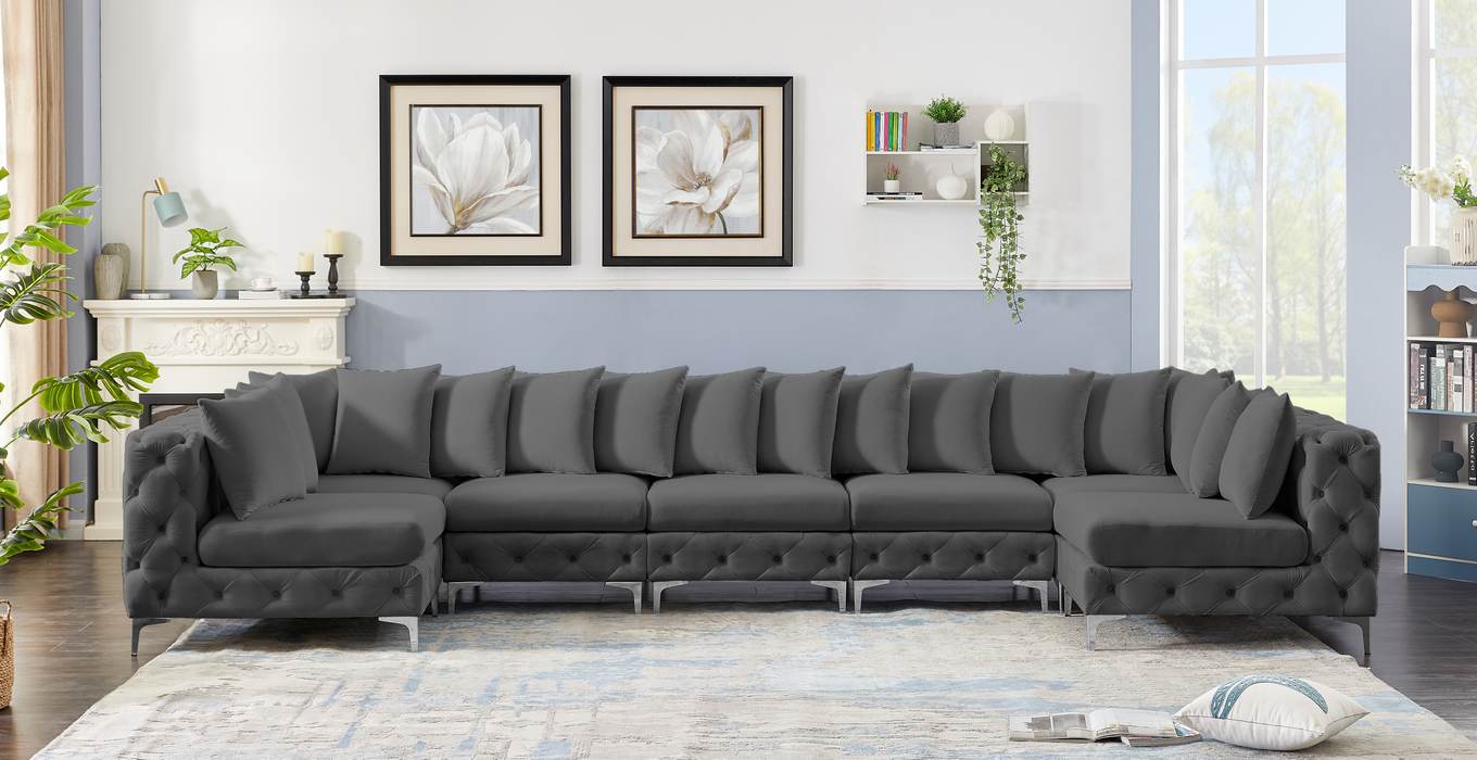 Meridian Furniture - Tremblay 169" Grey Velvet Upholstered 7pc. Sectional - 686Grey-Sec7A - GreatFurnitureDeal