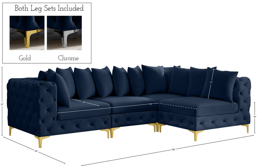 Meridian Furniture - Tremblay 109" Navy Velvet Upholstered 4pc. Sectional - 686Navy-Sec4A - GreatFurnitureDeal