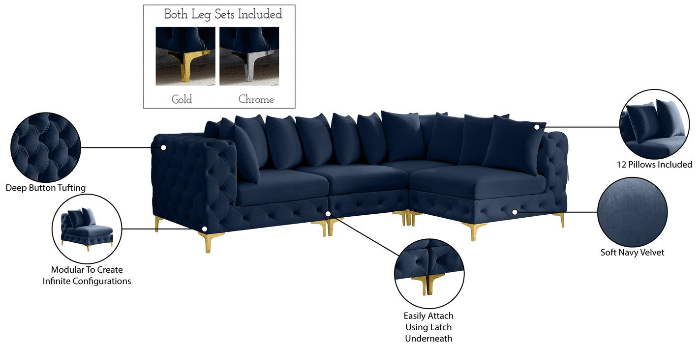 Meridian Furniture - Tremblay 109" Navy Velvet Upholstered 4pc. Sectional - 686Navy-Sec4A - GreatFurnitureDeal