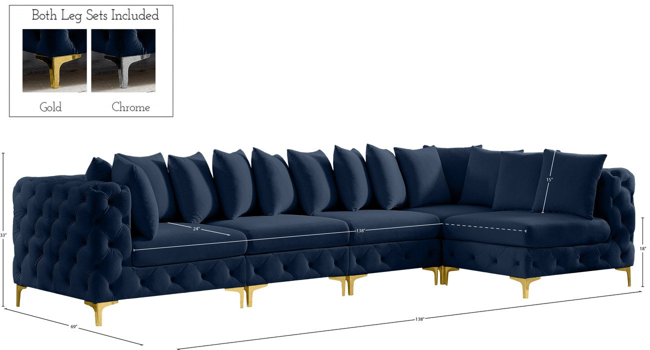 Meridian Furniture - Tremblay 139" Navy Velvet Upholstered 5pc. Sectional - 686Navy-Sec5A - GreatFurnitureDeal